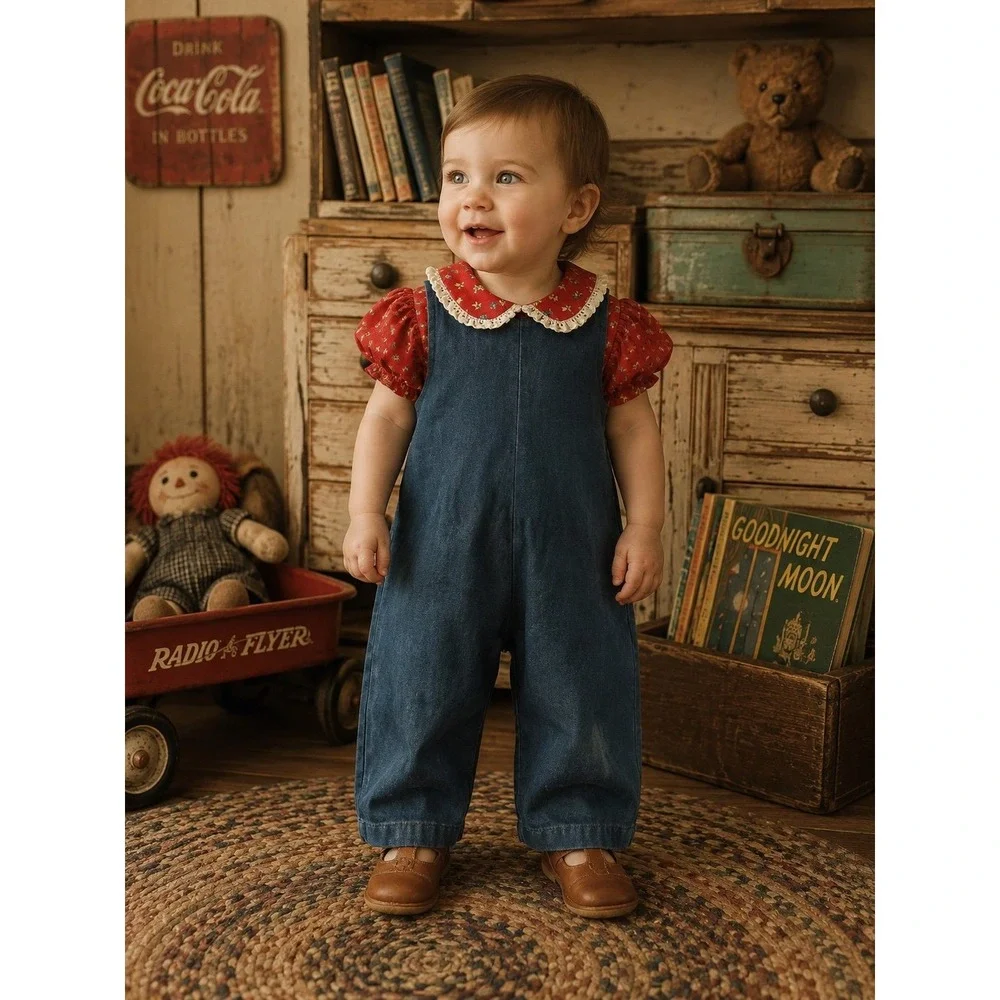 Vintage Baby Girl Denim Overalls with Floral Top (12M) AS IS!